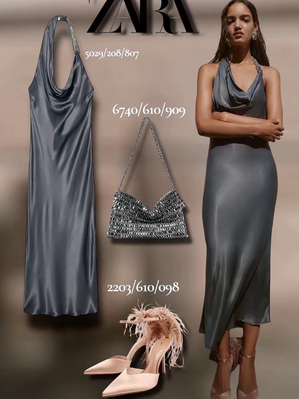 Zara Satin Slip Dress in Steel Gray